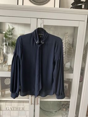 INC International Concepts Navy Tie-Neck Blouse with Grommet Detail
